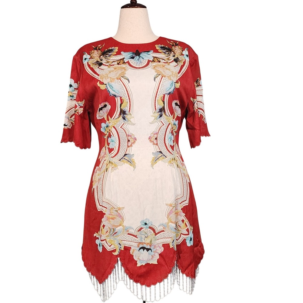 Antipodean Mini Dress Women 12 Red Floral Scalloped Beaded Fringe Boho